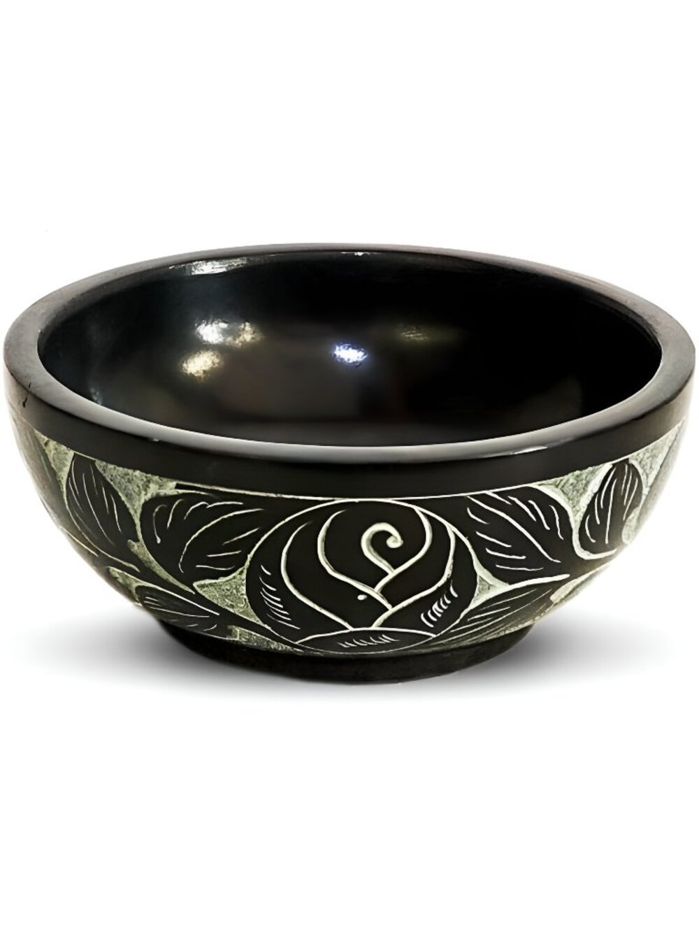 Hand Carved Natural Stone Bowl, White Leaf Carved Design |Size_5” x 2” – Black